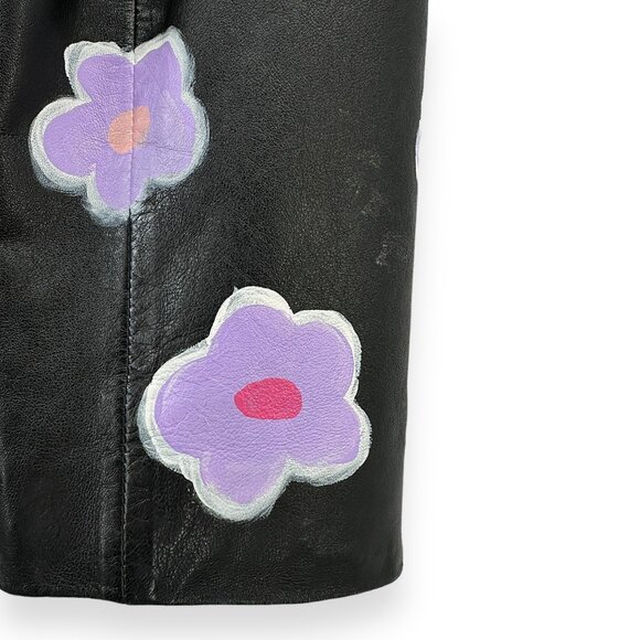 Upcycled Leather Vintage VS2 Black Hand Painted Genuine Leather Zip Up Jacket - Picture 4 of 7